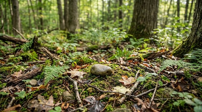 Forest floor close up with moss ferns fallen leaves rocks and tree trunks in soft natural light