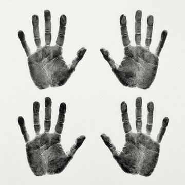 Four Black Handprints on White Background Top View