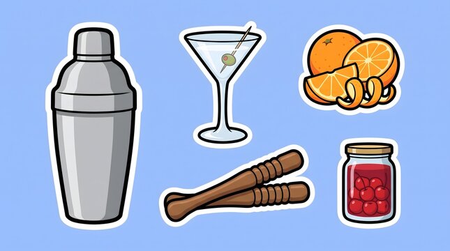 Cute cocktail stickers with shaker, martini glass, oranges, muddler, and cherries