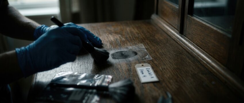 Forensic scientist dusting for fingerprints on wooden surface with evidence bags and brush