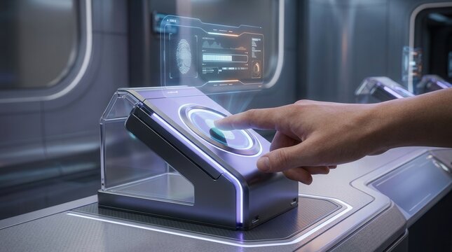 Futuristic biometric scanner with finger activating fingerprint recognition for secure access technology concept