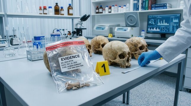 Forensic Science Laboratory Investigator Examining Evidence Bag with Human Skulls and Tools on Table