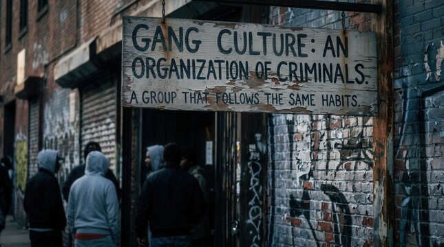 Gang Culture Sign Above Urban Alleyway Entrance With Hooded Figures Approaching Gritty Street Art and Graffiti