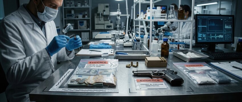 Forensic scientist examines evidence in crime lab showing gun drugs and cash for criminal investigation