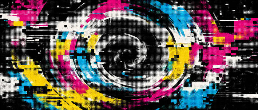 Vibrant digital vortex background featuring abstract geometric patterns in neon colors for creative projects
