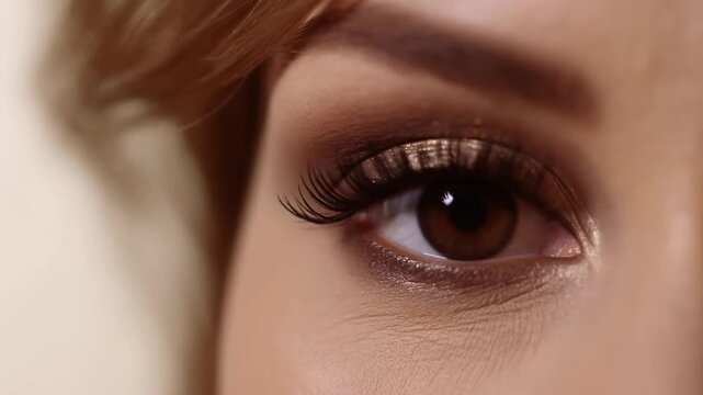 Close-up of a woman's eye with shimmering brown eye makeup. Her lashes are long, and her eye blinks slowly. Warm light enhances the metallic eyeshadow tones. Soft focus shows fine skin texture