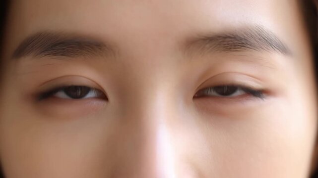 Close-up of dark, expressive eyes looking directly at camera. Eyes blink softly, conveying gentle emotion. Soft focus creates intimate, personal atmosphere. Ideal for emotional, human-interest