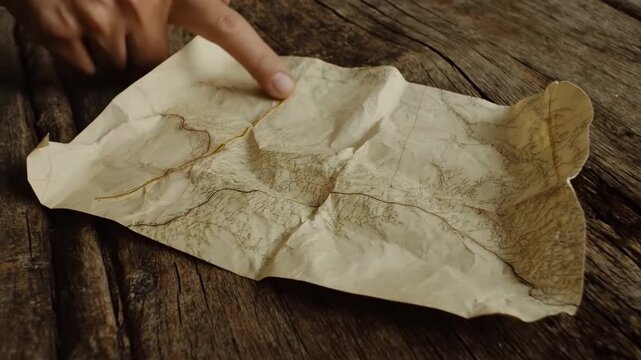 Hand gently unrolls crumpled, aged paper over rustic wood. Fingers caress paper's creases, hinting at hidden secrets. Weathered surface suggests forgotten stories or lost treasures