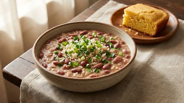 Bowl of hot pinto beans with fresh cilantro topping and a slice of yellow cornbread on a rustic table. Cajun Cuisine