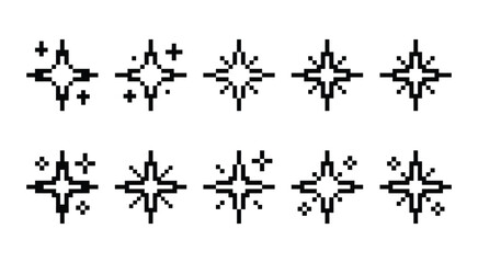 Obraz premium Pixel sparkle and star icon collection. Black shining symbols with geometric shapes for decoration, fantasy, magic, gaming, interface elements, and graphic design.