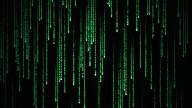 A classic cyberpunk hacker background featuring vertical streams of hexadecimal codes and digital characters raining down infinitely. Glowing matrix green text fading into the dark background with smo