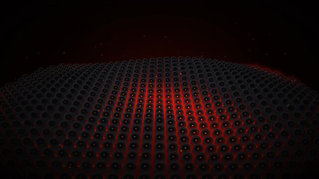 A 3D grid array of dark matte circular pistons moving slowly up and down in a wave pattern. From the deep circular gaps between the pistons, a glowing red heat radiates outward, becoming intensely bri
