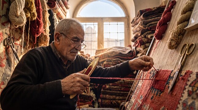 Carpet restorer in Istanbul &mdash; a cramped Grand Bazaar han workshop