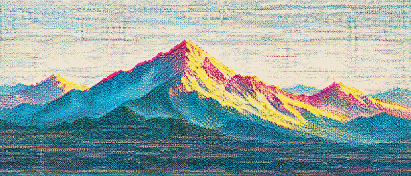 Vibrant pixel art mountain range background with gradient color layers for digital design projects