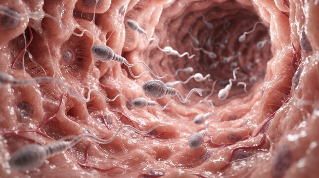 3D medical illustration of sperm cells swimming through a fallopian tube during the process of fertilization