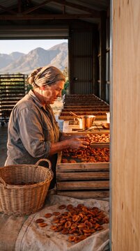 Apricot drier in Malatya &mdash; orange halves laid in endless rows across, candid side-profile capture