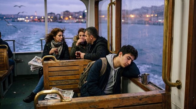 Ferry commuters &mdash; a student sleeps against the window while tea steams on the sill, Istanbul