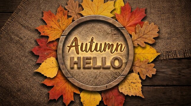 Autumn Hello Wooden Badge Surrounded By Fall Leaves On Burlap And Wood Background