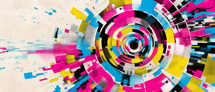 Abstract geometric background design featuring vibrant pixelated concentric circles and dynamic color blocks