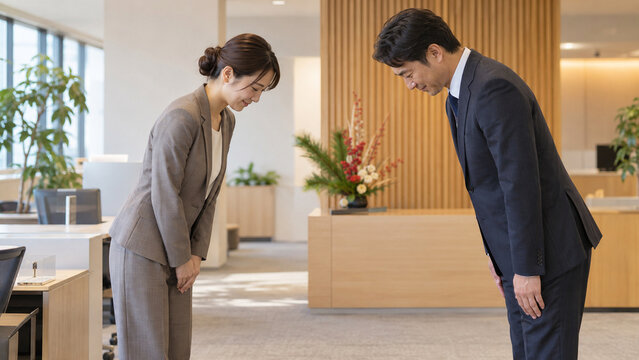 新年最初の営業日にオフィスで丁寧にお辞儀する日本人社員