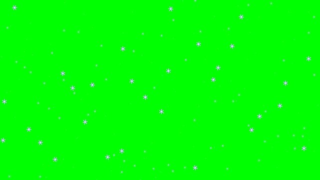 A dense falling snow animation loop featuring detailed, stylized snowflakes matching a specific 6-sided design, rendered over a green screen (chroma key) background for video compositing.