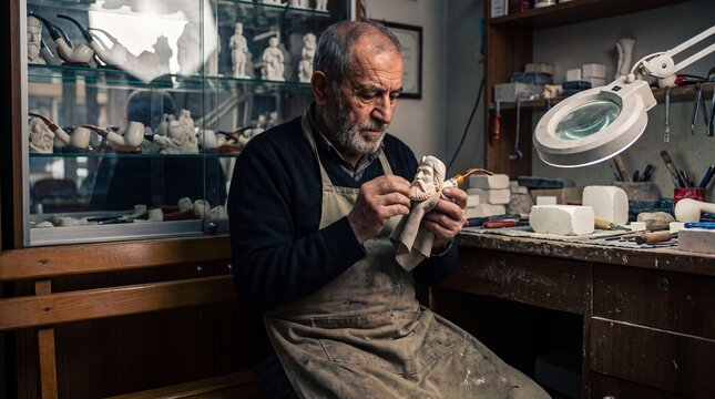 Meerschaum carver &mdash; he polishes a finished pipe with a soft cloth, Eskişehir