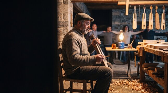 Kemen&ccedil;e maker in Trabzon &mdash; a luthier carving the narrow boat-shaped body, candid side-profile capture