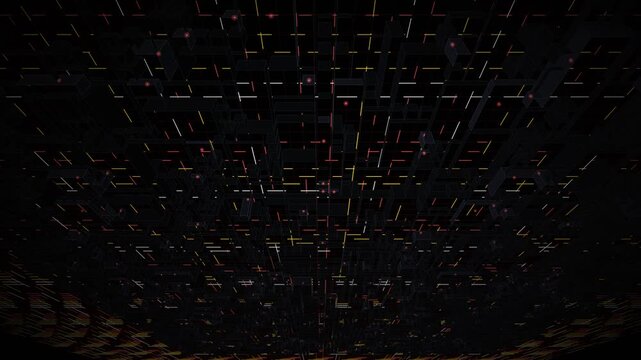 A futuristic 3D greeble surface made of overlapping dark rectangular panels of varying lengths. Neon red energy streams travel precisely at 90-degree angles through the narrow trenches between the pan