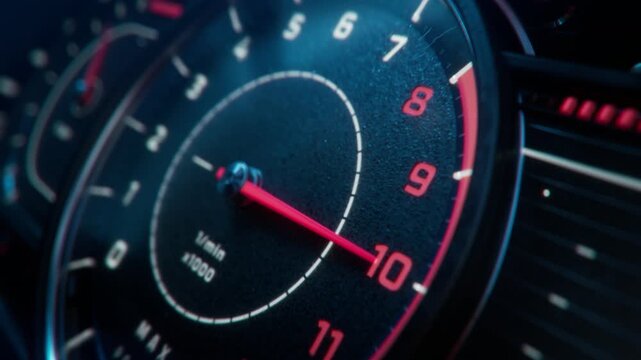 3D Animation: Dynamic Close-up Shot of Analogue Tachometer is Revving Up and Showing Acceleration of a Vehicle. Mechanical Gauge Cluster of a Classic Race Car. Concept: Speed, Performance, Power