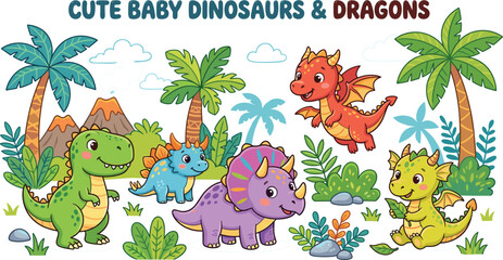 Cute Cartoon Baby Dinosaurs and Dragons Vector Character Set in Prehistoric Landscape with Volcano and Palm Trees for Kids Nursery Room Wall Art Designs © MDIRFAN