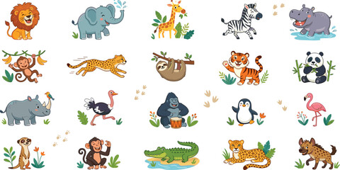 Fototapeta premium Cute Cartoon Safari and Wild Zoo Animals Flat Vector Icon Set Featuring Lion Elephant Giraffe Tiger and Monkey for Kids Nursery Room Graphic Designs