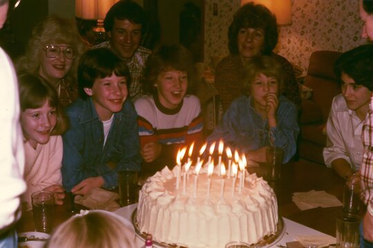 Family and children gathered around a birthday cake with glowing candles, 1980s style home snapshot for retro celebration, childhood memories and family nostalgia