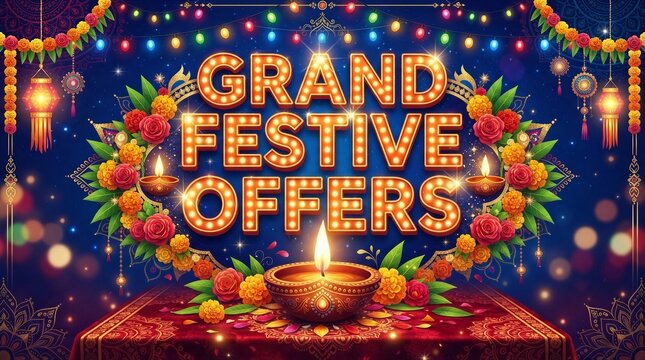 Navratri diwali festival sale shopping logo with Grand Festive offers 3d typography and retro lights decoration..