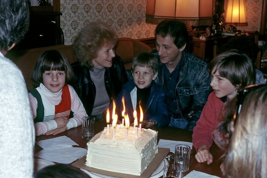 Large family group posing behind a birthday cake with lit candles, vintage 1980s snapshot for retro family history, childhood nostalgia, celebration and generational memories