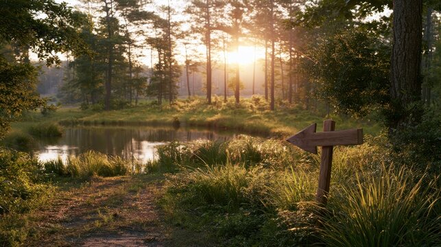 Wooden arrow sign in lush forest with sun drenched pond at sunrise