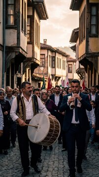 Davul-zurna players, Kastamonu: a drummer and zurna player leading a wedding procession down