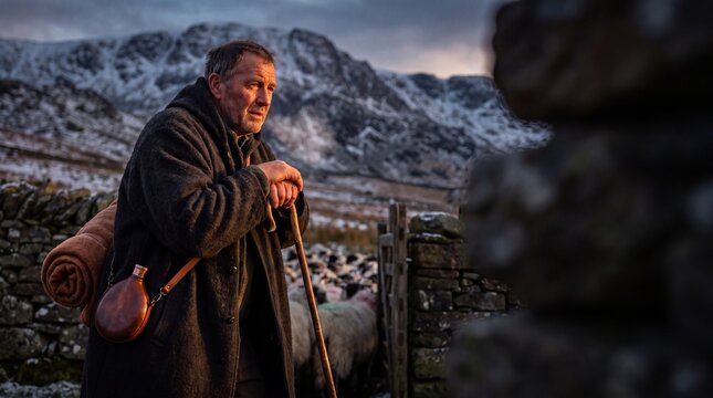 Shepherd &mdash; he leans on his crook counting, breath visible in the cold air, Van