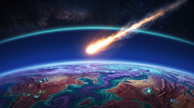 Asteroid impact and fiery meteor burning through atmosphere above planet Earth. Glowing comet trail and starry galaxy background. Digital space art illustration for astronomy and science projects