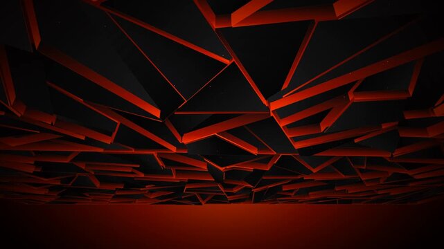 Abstract 3D motion background of dark shattered rock plates using a Voronoi-like fracture pattern. The irregular cracks between the sharp dark shards emit a slow-pulsing, intense fiery red glow. Looks