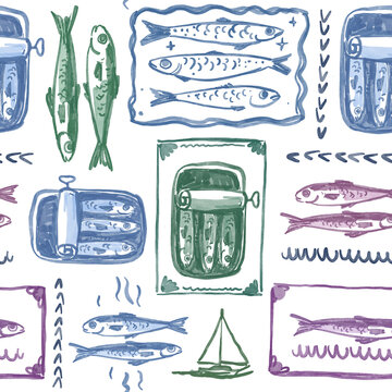 Mediterranean seamless pattern,  hand drawn  sardines, fish, seafood