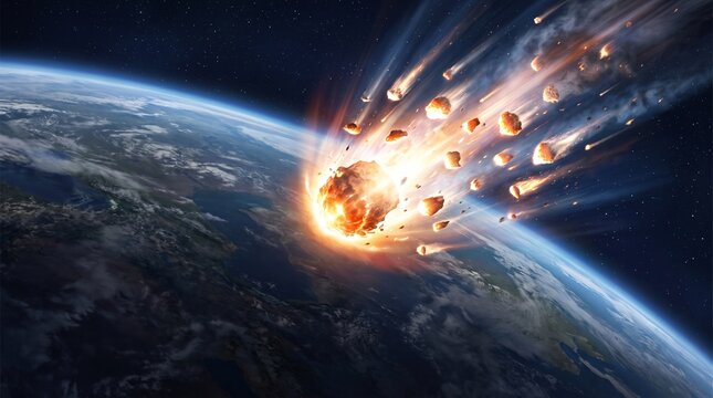 Meteor shower and asteroid impact illustration. Fiery space rock burning through Earth atmosphere. Planet globe curve with clouds. Dramatic cosmic event graphic for science fiction projects