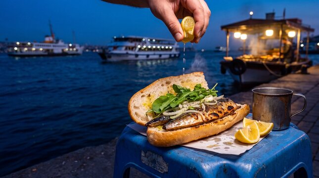Balık Ekmek in Istanbul &mdash; grilled mackerel fillets in half a loaf, eye-level hero shot