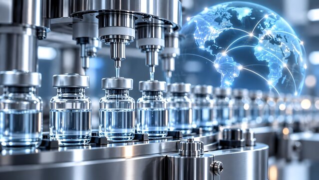Automated production line filling pharmaceutical glass vials with global digital network map symbolizing worldwide medical distribution