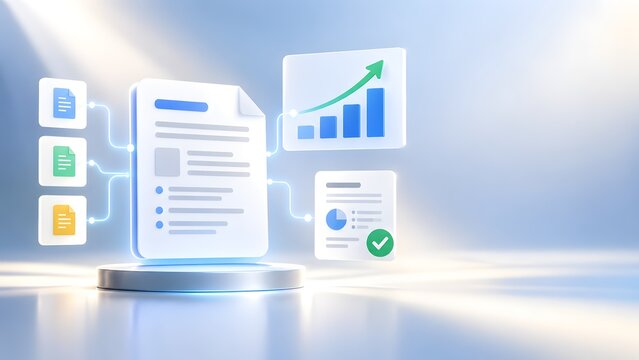3D render of digital document connected to glowing business analytics charts, graphs, and workflow icons representing financial reports and data integration.