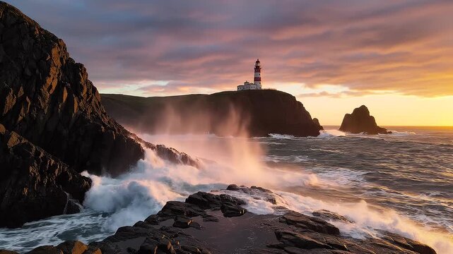 Dramatic lighthouse on cliff with crashing waves at golden sunset