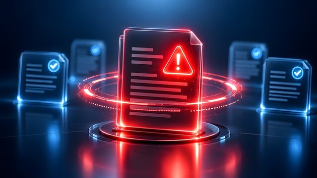 3D glowing red digital document with warning sign surrounded by a red scanning ring, standing out among approved blue files, representing cyber security threat detection and data anomaly.