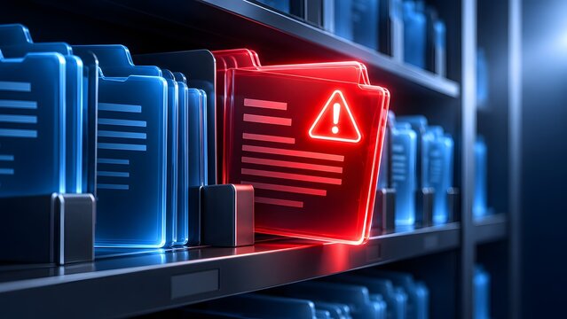 3D glowing red document folder with warning sign among blue folders in a digital archive symbolizing data breach, corrupted file, or cybersecurity threat.