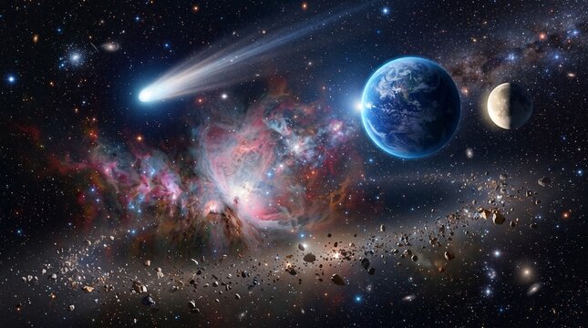 Planet Earth and moon in deep space with glowing comet and colorful nebula. Asteroid belt and Milky Way galaxy stars. Cosmic science illustration for astronomy and science education projects