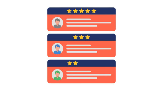 Customer Review Interface featuring three flat design testimonial cards with star ratings and user avatars, ideal for e-commerce websites and service feedback presentations.