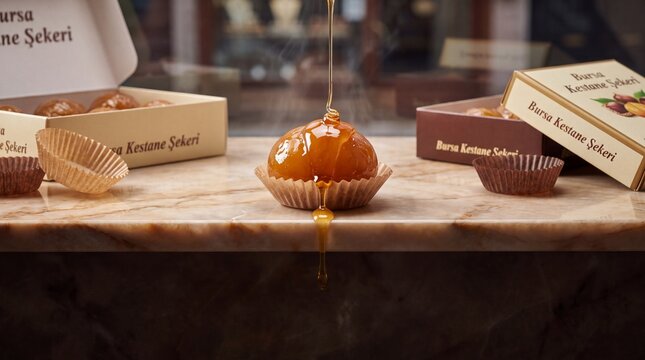 Kestane Şekeri in Bursa &mdash; glossy candied chestnuts in paper cases, top-down flat lay